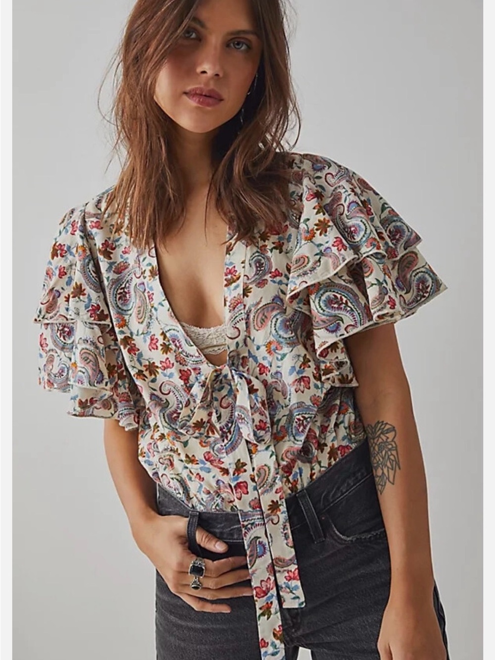Intimately Free People Call Me Later Tie-Front Ruffle Sleeve Bodysuit